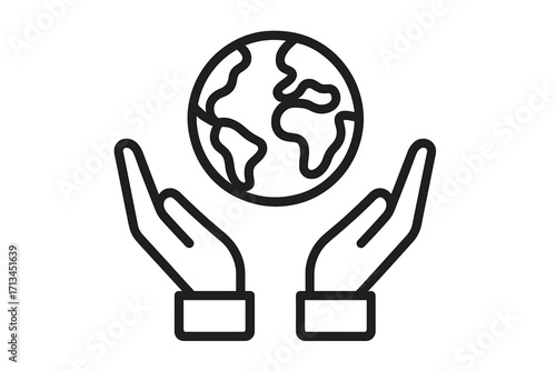 Hands holding planet Earth globe outline icon. Linear vector illustration of world in hands. Concept for environment care, ecology, conservation, and saving the planet.