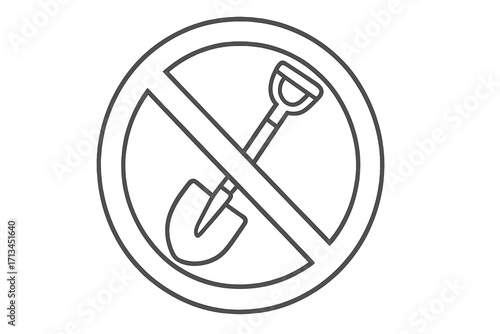 No digging sign. Shovel prohibited icon. Stop work symbol. Forbidden to dig vector illustration. Ban on excavation work. Outline graphic for apps and web design concept.