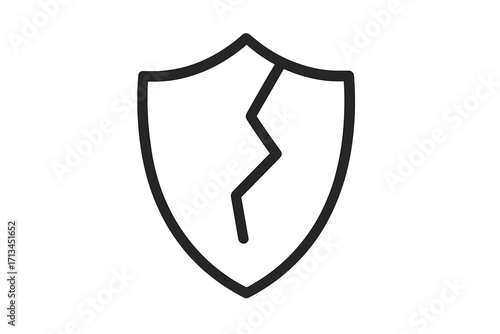 Broken shield icon concept of vulnerability and insecurity. Cracked protection symbol. Metaphor for data breach, cyber attack, risk, and no security. Simple line art vector.