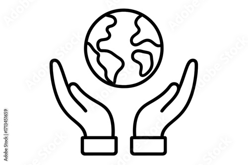 Hands holding Earth globe outline. Planet protection and care concept. Save the world symbol. Environment conservation. Ecology support icon. Earth Day linear vector illustration.