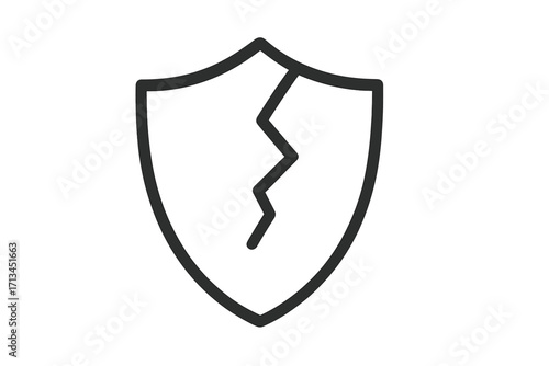 Cracked shield line icon. Concept of vulnerability, insecurity, data breach, and broken protection. Metaphor for risk, danger, and system failure. Vector symbol for web.