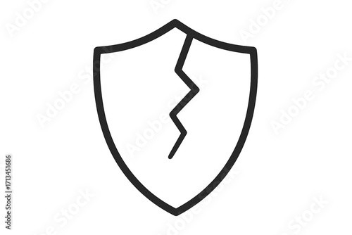 Broken shield outline icon. Cracked guard symbol. Concept of vulnerability, insecurity, danger, and no protection. Damaged defense sign for data breach or cybersecurity risk.