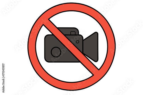 No video recording sign vector illustration. Filming prohibited symbol. No cameras allowed warning icon. Stop video footage pictogram. Restriction for private confidential area.