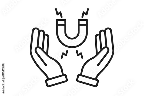 Hands with magnet line icon for attraction and lead generation. Inbound marketing concept. Metaphor for customer retention, influence, engagement strategy. Vector symbol.
