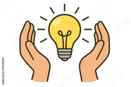 Hands holding light bulb. Metaphor for a new creative idea, innovation, inspiration, and invention. Brainstorming concept. Intellectual property protection. Solution symbol.