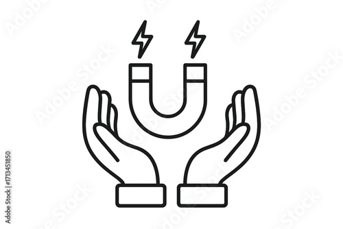 Magnetism power concept. Lead generation and customer retention icon. Hands holding a magnet with energy. Marketing attraction symbol. Inbound leads, influence vector line art.