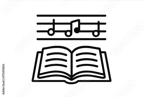 Music book icon. Songbook or hymnal symbol. Music education, learning notes, reading sheet music concept. Simple outline vector illustration of a musical score on a staff.
