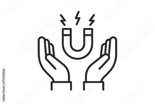 Line icon of hands with a magnet. Concept of attraction, customer engagement, and lead generation. Inbound marketing metaphor. Power of influence and retention symbol.