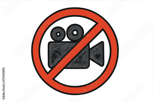 No video camera sign. Filming prohibited icon. Recording not allowed symbol. Stop video concept. No photography warning. Restricted area. Privacy rules. Do not film notice.