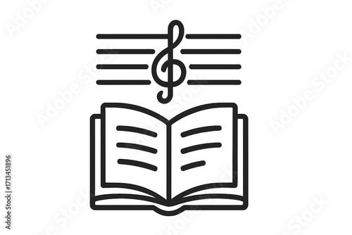 Music education and learning concept. Open book with musical staff and treble clef icon. Symbol for songbook, hymn, music theory, lesson, or library. Vector outline.