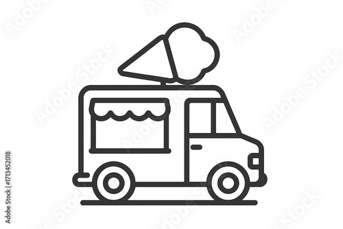 Ice cream truck vector icon. Food truck line art illustration. Summer street food concept. Mobile dessert van symbol. Sweet frozen snack delivery service business graphic.