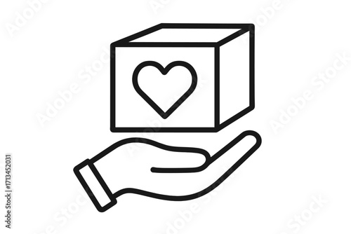 Donation and charity icon. Hand holding gift box with a heart. Symbol of love, care, and support. Volunteer, help, and philanthropy concept. Vector line art illustration.