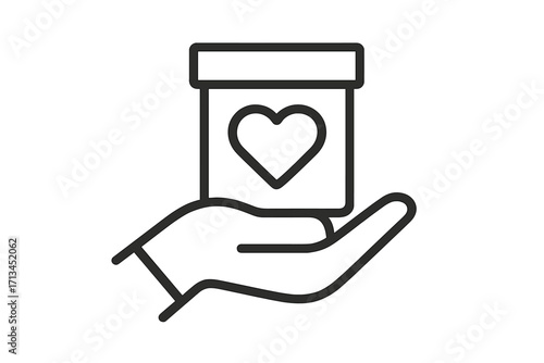 Charity donation icon. Hand holding box with heart. Symbol of giving, love, help and support. Vector outline for fundraising, volunteer, social work and philanthropy concept.