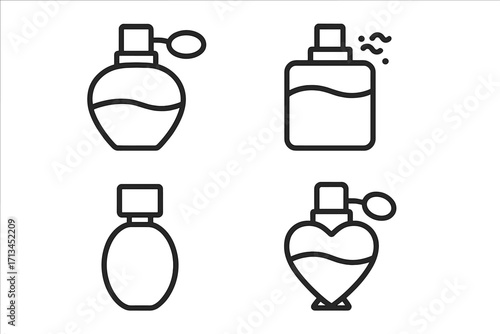 Perfume bottle line icon set. Fragrance spray and atomizer collection. Beauty cosmetic scent symbol. Vector outline illustration for web, app, logo, and design element.
