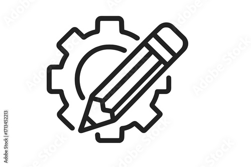 Creative process icon. Customization, development, and engineering. Gear and pencil symbol for design settings. Prototyping, configuration, and app development concept.