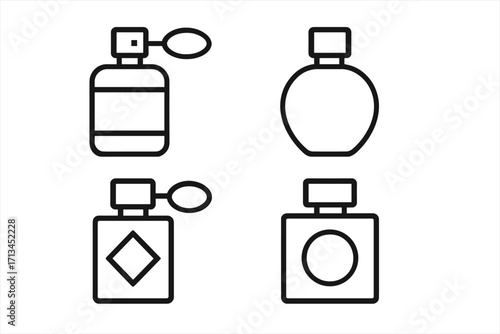 Perfume bottle icon set. Minimalistic thin line art for web and graphic design. Vector illustration of fragrance, scent, cosmetic, beauty, and eau de toilette with atomizer.