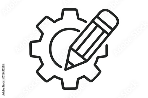 Pencil editing a gear cogwheel icon. Symbol for customization, development, configuration, and settings. Linear outline for engineering, web design, app, and the creative process.