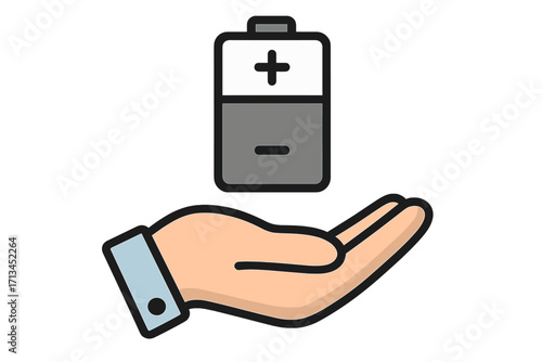 Hand holding battery icon. Concept for energy, power, and charging. Metaphor for providing a solution, support, or vital resources. Vector illustration for business and technology.