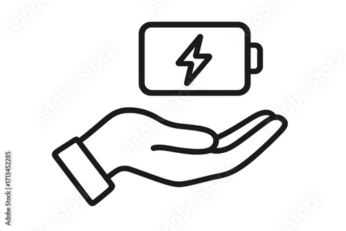 Hand offering battery with power symbol. Concept of energy, charging, electricity, and power source. Vector icon for technology, mobile device, sustainability, and renewable energy.