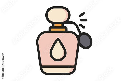Vintage perfume bottle with atomizer pump icon. Retro fragrance spray symbol for beauty, glamour, and cosmetics. Luxury scent concept. Flat cartoon vector illustration.