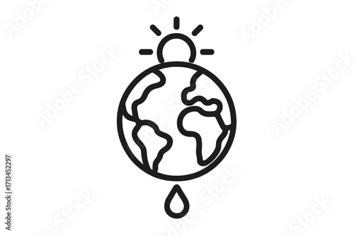 Global warming, climate change concept icon. Planet Earth is melting from the heat of the sun. Environmental disaster, ecology problem, water scarcity symbol. Outline vector.