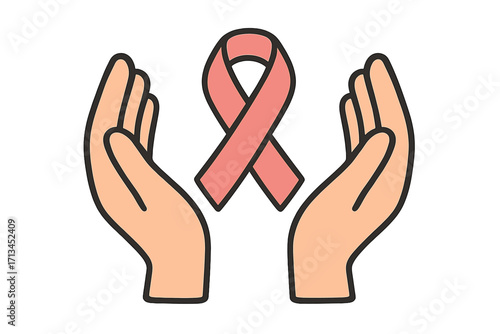 Hands holding pink ribbon. Breast cancer awareness month symbol. Hope, support, charity, health care concept. Medical solidarity, donation, and prevention campaign vector icon.