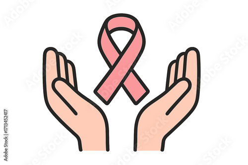 Breast cancer awareness month symbol. Pink ribbon in hands icon. Health care and medical concept. Hope, support, and charity for women's health campaign. Vector illustration.