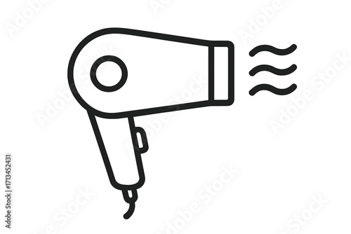 Hair dryer icon outline symbol. Vector line art illustration for hair care, beauty salon, or barber shop. Blow dryer equipment for hairdressing and styling. Hot air.
