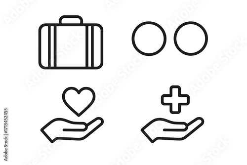 Vector line icon set for business, healthcare, and charity. Outline icons of briefcase, hand holding a heart, and medical cross. Simple symbols for web, apps, and graphic design.