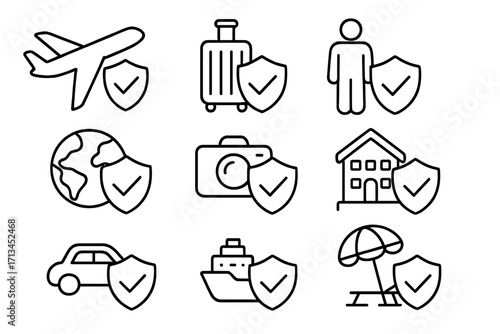 Insurance icon set. Travel protection concept. Life, health, car, home, property security. Vector outline symbols. Safety shield sign. Flight, luggage, vacation guarantee.
