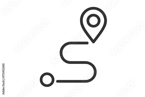 Route with map pin at the destination. Line icon of a journey from start to finish. Navigation path symbol. Location pointer and roadmap concept for a gps app or web design.