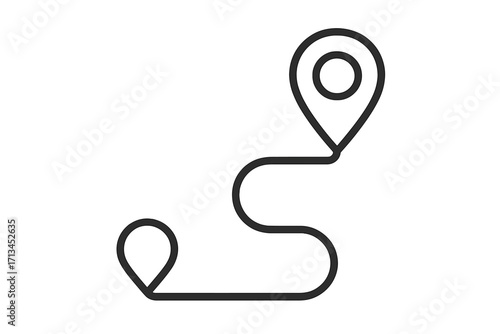 Route and map pin icon. GPS navigation path from start to finish. Destination location marker sign. Journey or travel distance concept. Minimal linear vector symbol for web.