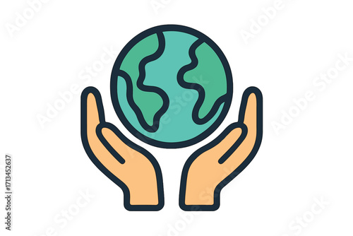 Hands holding Earth globe. Planet protection and care concept. Save the earth. Ecology and environment conservation. Symbol of sustainability, support, peace, and hope. Vector icon.