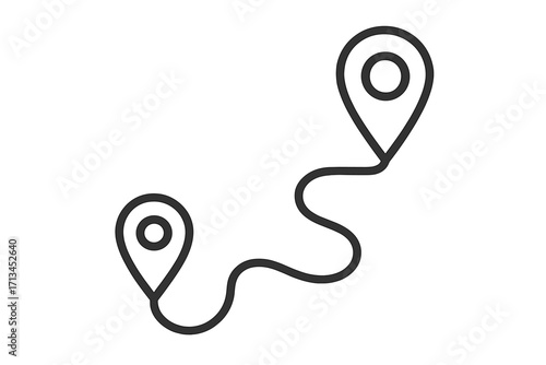 Route from start to end point with location pins. Journey path, travel distance, and destination concept. GPS navigation marker sign. Minimalist winding road line icon.