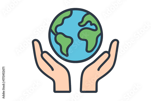 Hands holding Earth globe. Save the planet concept. Earth Day vector icon. Environmental protection, conservation, and sustainability symbol. Ecology care illustration. World in hands.