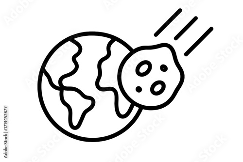 Asteroid impact threat to planet Earth. Meteor flying to globe. Concept of apocalypse, extinction event, disaster, end of the world. Space object collision. Outline icon.