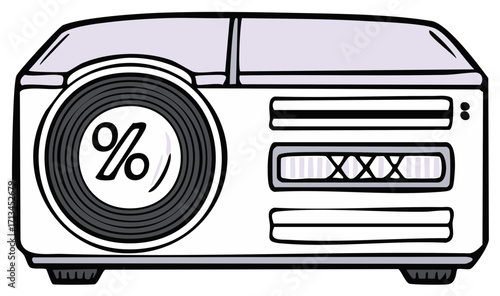 Stylized retro projector with a percentage symbol on the lens and control knobs
