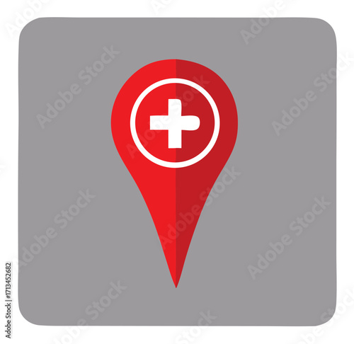 Medical health location pin icon with cross symbol for healthcare and emergency services finder app design