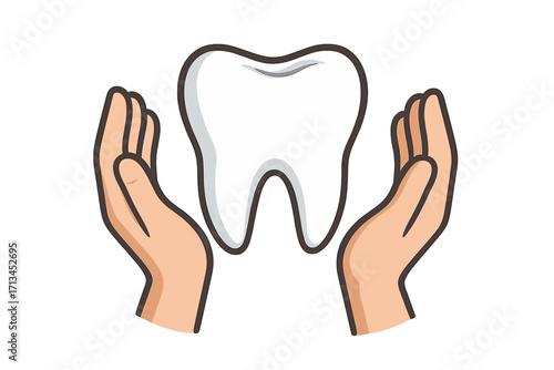 Hands holding a tooth. Dental care and protection concept. Oral health and hygiene. Dentistry, stomatology vector icon. Healthy clean tooth symbol for clinic, dentist.