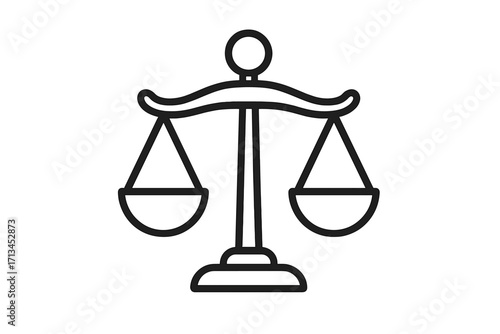 Law scale symbol, justice balance icon. Legal, court, and judgment concept. Metaphor for equality, truth, and decision. Libra zodiac sign. Outline vector pictogram for web design.
