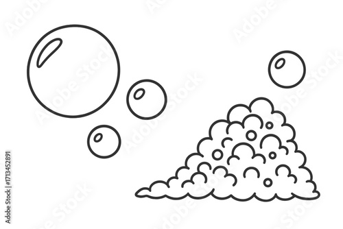 Soap bubbles and foam line art illustration. Vector icon set for cleaning and washing concepts. Fizzy abstract liquid elements like suds, soda, beer, or champagne bubbles.