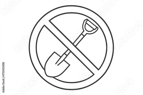 No digging sign icon. Shovel forbidden symbol. Prohibition of excavation work. Stop digging concept. Warning linear pictogram. Safety, rules and regulations vector illustration.