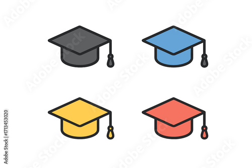 Graduation cap icon set. Academic mortarboard symbol. Education, university, college, and school learning concept. Student achievement and degree pictogram for web design.