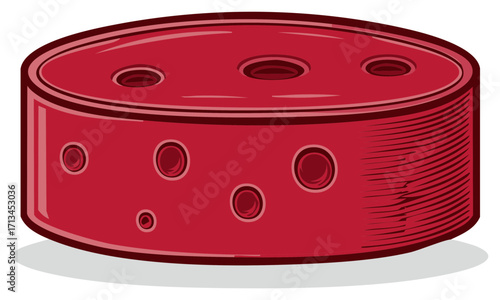 Stylized red swiss cheese, round piece with holes, cheese production, cheese snack product icon