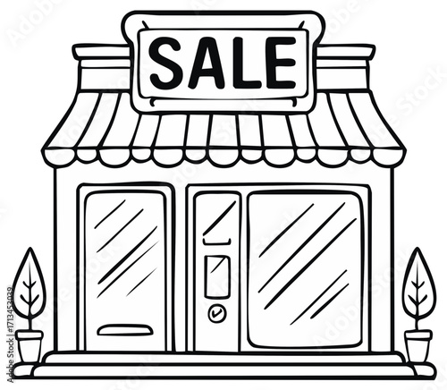 Outline Drawing of a Storefront with Sale Sign, Shop Exterior with Plants and Awnings