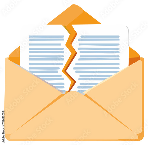 Conceptual illustration of a broken open letter revealing damaged paperwork and a crack