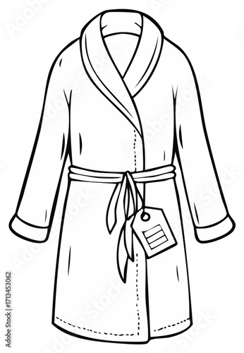 Line art illustration of a bathrobe with a belt and a tag hanging from it isolated on white