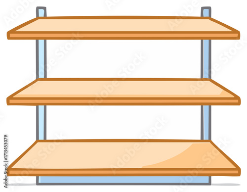 Empty three tiered shelf cartoon illustration, with wooden shelves and metal supports, perfect for store or display