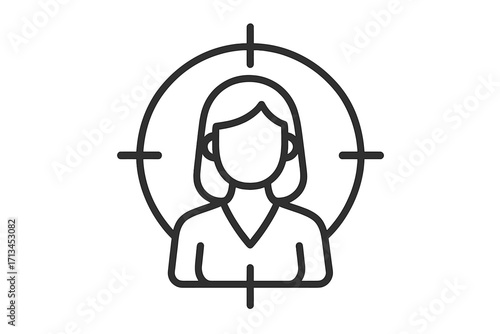 Target audience icon. Customer focus and market segmentation. Business goal and aim concept. Headhunting, recruitment, and human resources symbol. User profile in crosshairs.