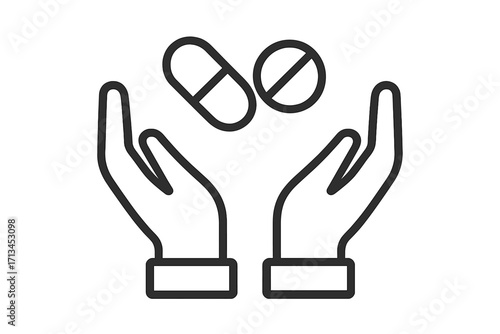 Hands with pills, tablet, capsule icon. Medicine, pharmacy, healthcare concept. Stop drug abuse, addiction symbol. Anti-doping sign. Medical care, treatment, vitamin dose.